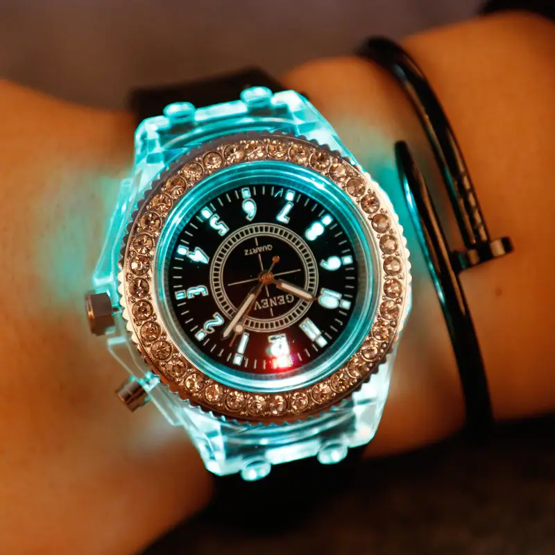 New colorful lighting personality rhinestone led Harajuku South Korea fashion trend for men and women students couple quartz watch