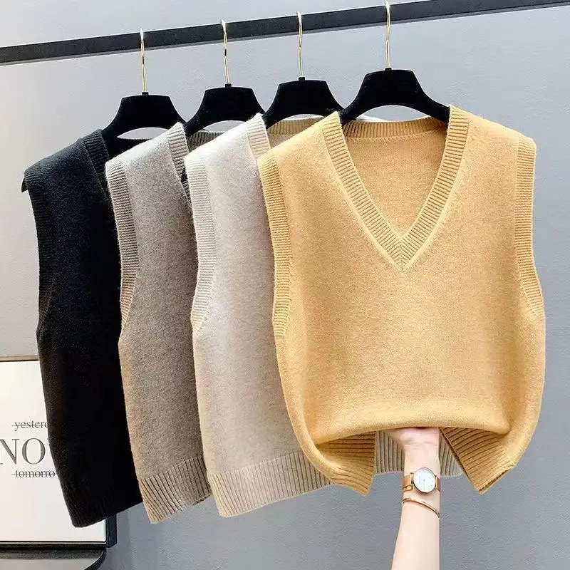 New Knitted Vest Jacket Spring and Autumn Vest Women's Sweater Korean-style V-neck Loose Autumn and Winter Vest Outer Wear