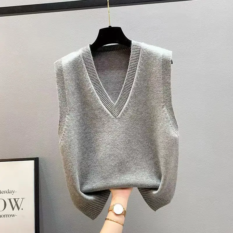 New Knitted Vest Jacket Spring and Autumn Vest Women's Sweater Korean-style V-neck Loose Autumn and Winter Vest Outer Wear
