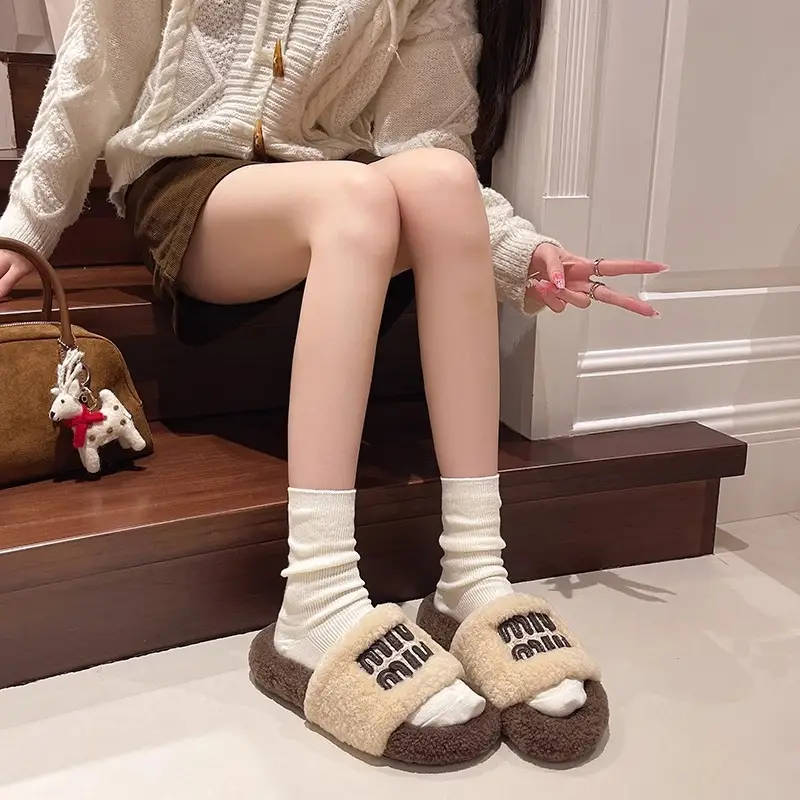 Thick-Soled Furry Slippers for Outdoor Wear 2025 New Autumn and Winter Lamb Wool Fluffy M-Shaped Trendy Internet Celebrity Fashion Cotton Slippers