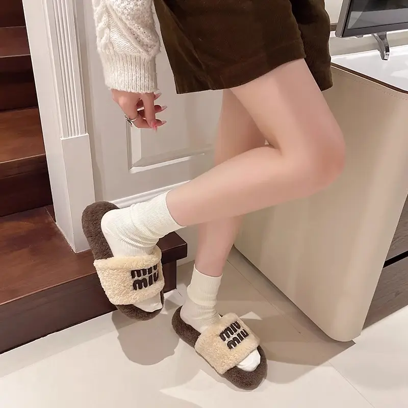 Thick-Soled Furry Slippers for Outdoor Wear 2025 New Autumn and Winter Lamb Wool Fluffy M-Shaped Trendy Internet Celebrity Fashion Cotton Slippers