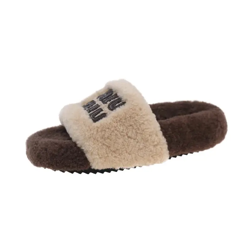 Thick-Soled Furry Slippers for Outdoor Wear 2025 New Autumn and Winter Lamb Wool Fluffy M-Shaped Trendy Internet Celebrity Fashion Cotton Slippers