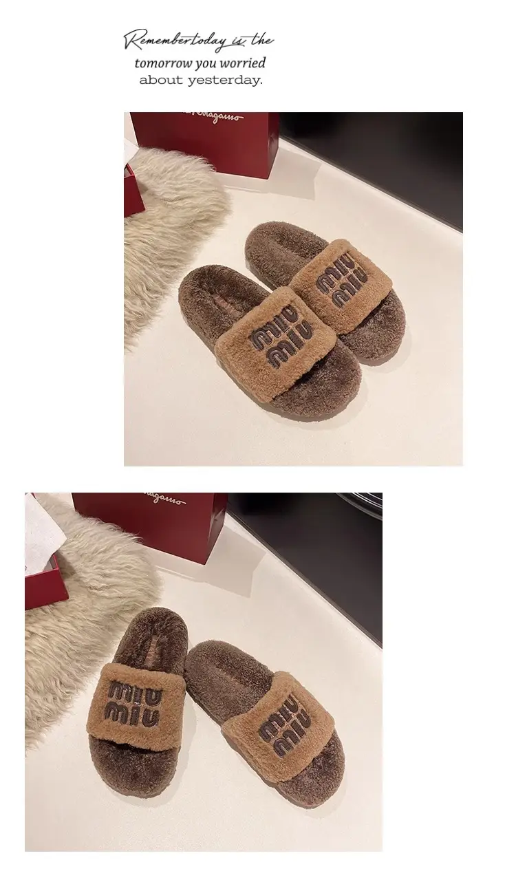 Thick-Soled Furry Slippers for Outdoor Wear 2025 New Autumn and Winter Lamb Wool Fluffy M-Shaped Trendy Internet Celebrity Fashion Cotton Slippers — feature 10