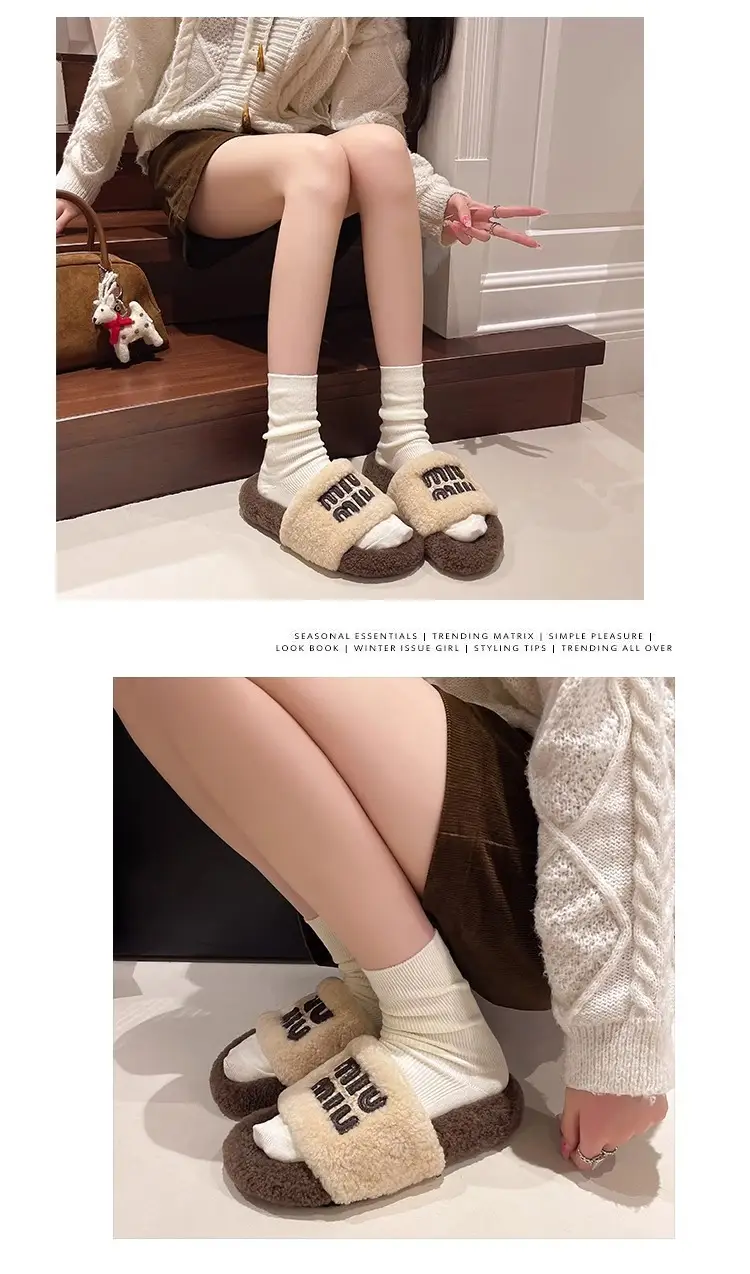 Thick-Soled Furry Slippers for Outdoor Wear 2025 New Autumn and Winter Lamb Wool Fluffy M-Shaped Trendy Internet Celebrity Fashion Cotton Slippers — feature 5