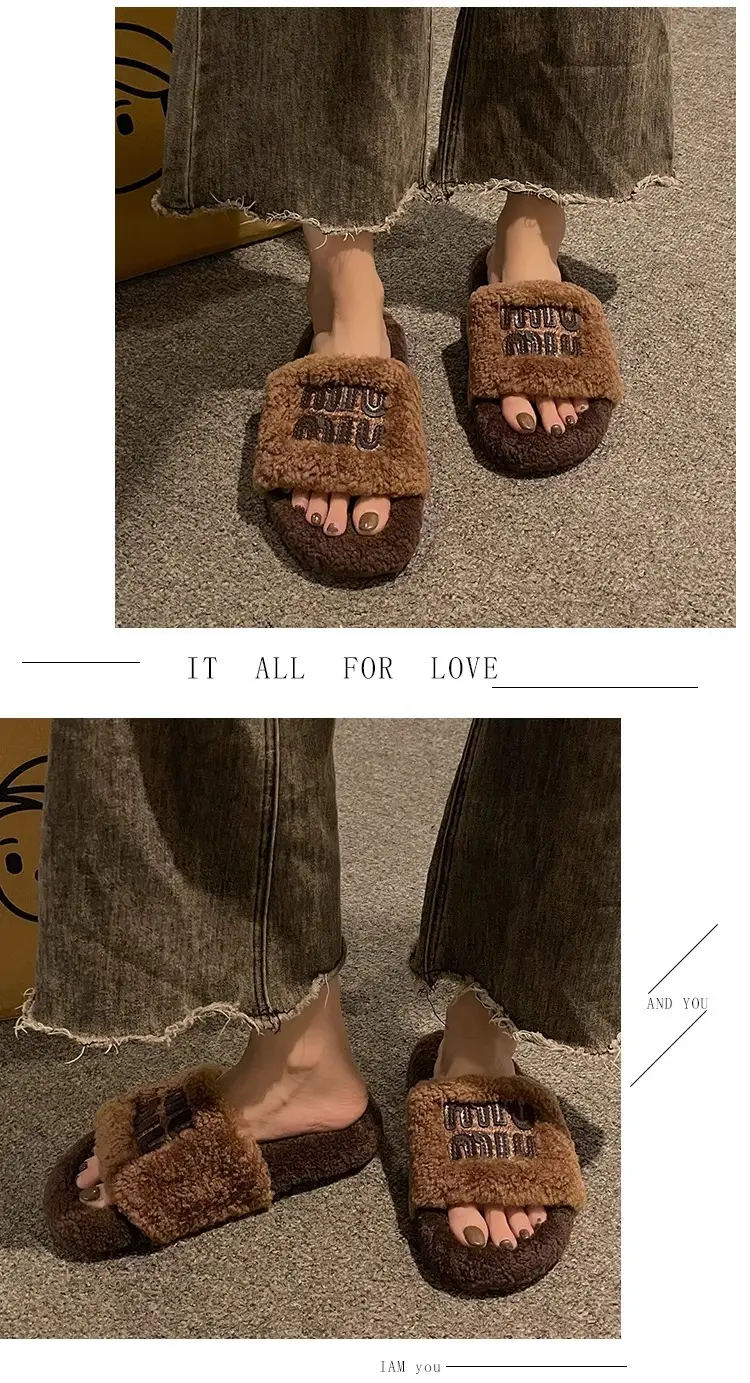 Thick-Soled Lamb Wool Slippers for Women, Suitable for Outdoor Wear, 2025 Autumn and Winter New Style, m Letter Suede Slip-On Slippers, Home Wear Cotton Slippers — feature 10