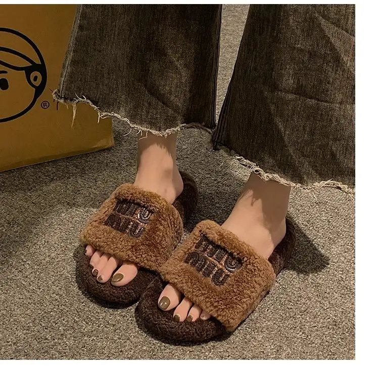 Thick-Soled Lamb Wool Slippers for Women, Suitable for Outdoor Wear, 2025 Autumn and Winter New Style, m Letter Suede Slip-On Slippers, Home Wear Cotton Slippers — feature 11