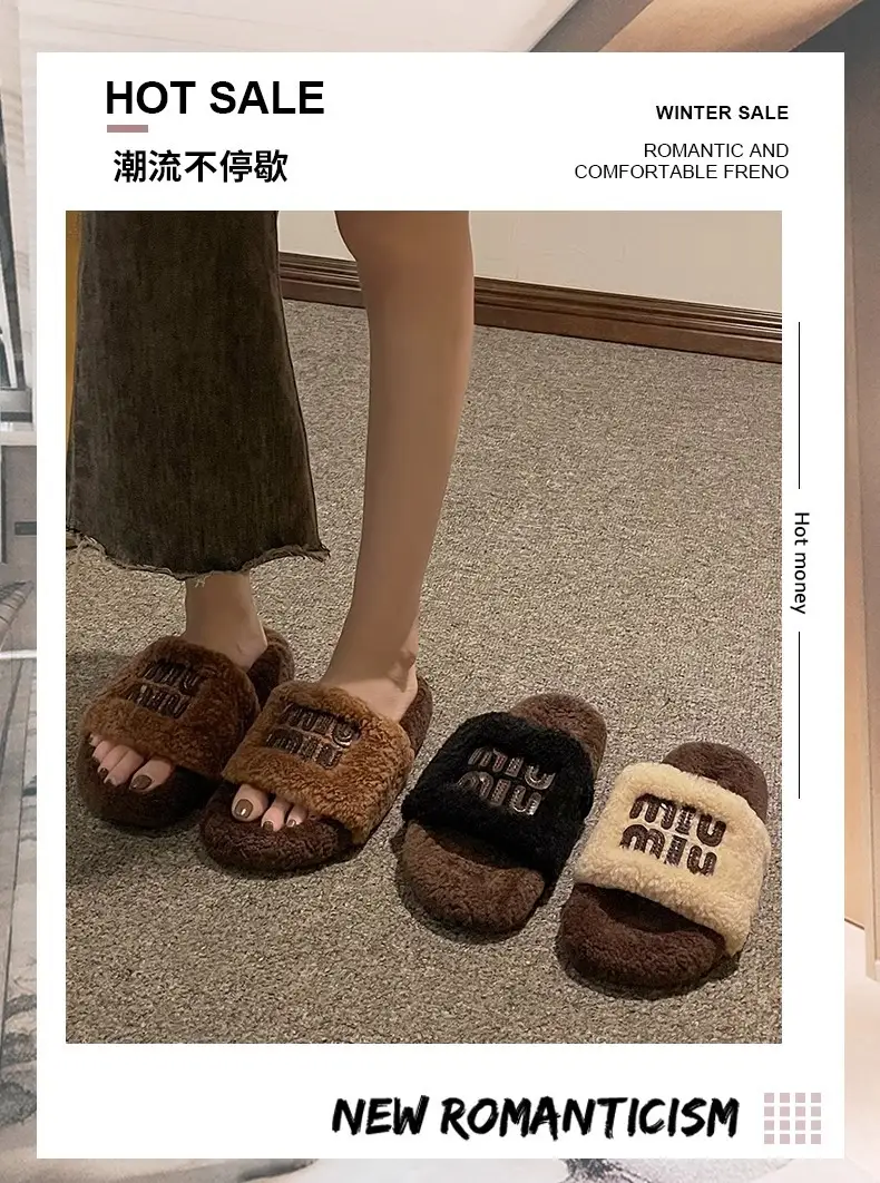 Thick-Soled Lamb Wool Slippers for Women, Suitable for Outdoor Wear, 2025 Autumn and Winter New Style, m Letter Suede Slip-On Slippers, Home Wear Cotton Slippers — feature 2
