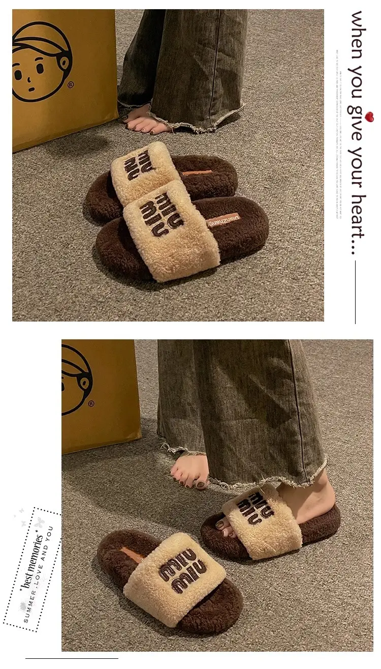 Thick-Soled Lamb Wool Slippers for Women, Suitable for Outdoor Wear, 2025 Autumn and Winter New Style, m Letter Suede Slip-On Slippers, Home Wear Cotton Slippers — feature 4