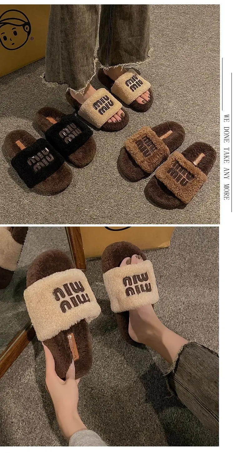 Thick-Soled Lamb Wool Slippers for Women, Suitable for Outdoor Wear, 2025 Autumn and Winter New Style, m Letter Suede Slip-On Slippers, Home Wear Cotton Slippers — feature 5