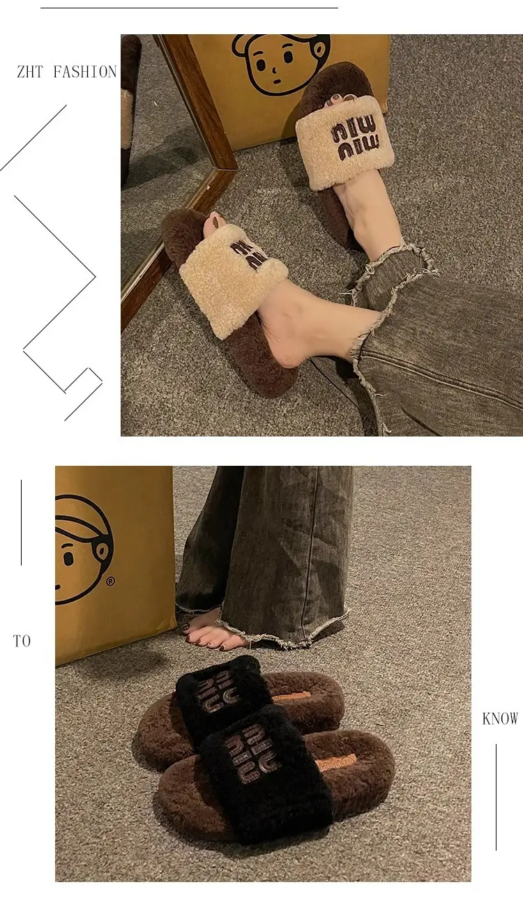 Thick-Soled Lamb Wool Slippers for Women, Suitable for Outdoor Wear, 2025 Autumn and Winter New Style, m Letter Suede Slip-On Slippers, Home Wear Cotton Slippers — feature 6