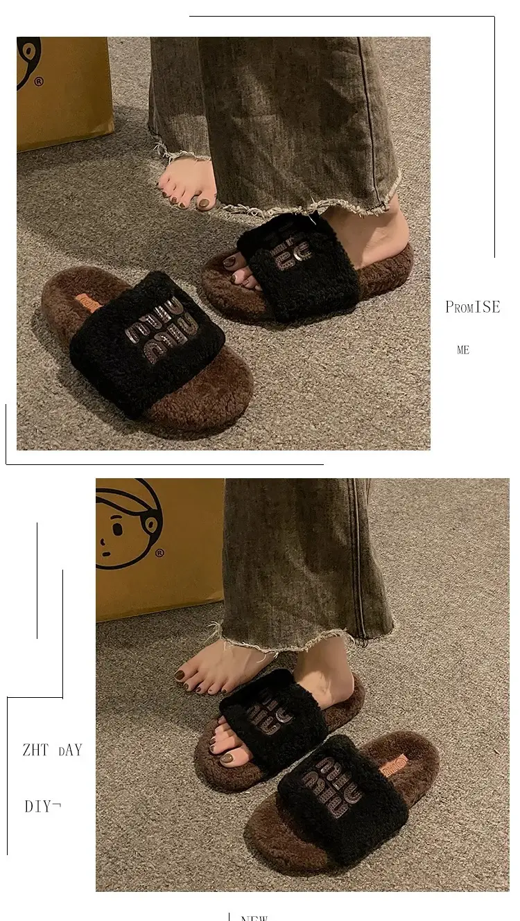 Thick-Soled Lamb Wool Slippers for Women, Suitable for Outdoor Wear, 2025 Autumn and Winter New Style, m Letter Suede Slip-On Slippers, Home Wear Cotton Slippers — feature 7