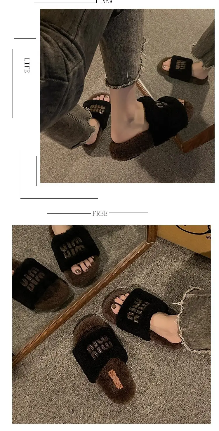 Thick-Soled Lamb Wool Slippers for Women, Suitable for Outdoor Wear, 2025 Autumn and Winter New Style, m Letter Suede Slip-On Slippers, Home Wear Cotton Slippers — feature 8