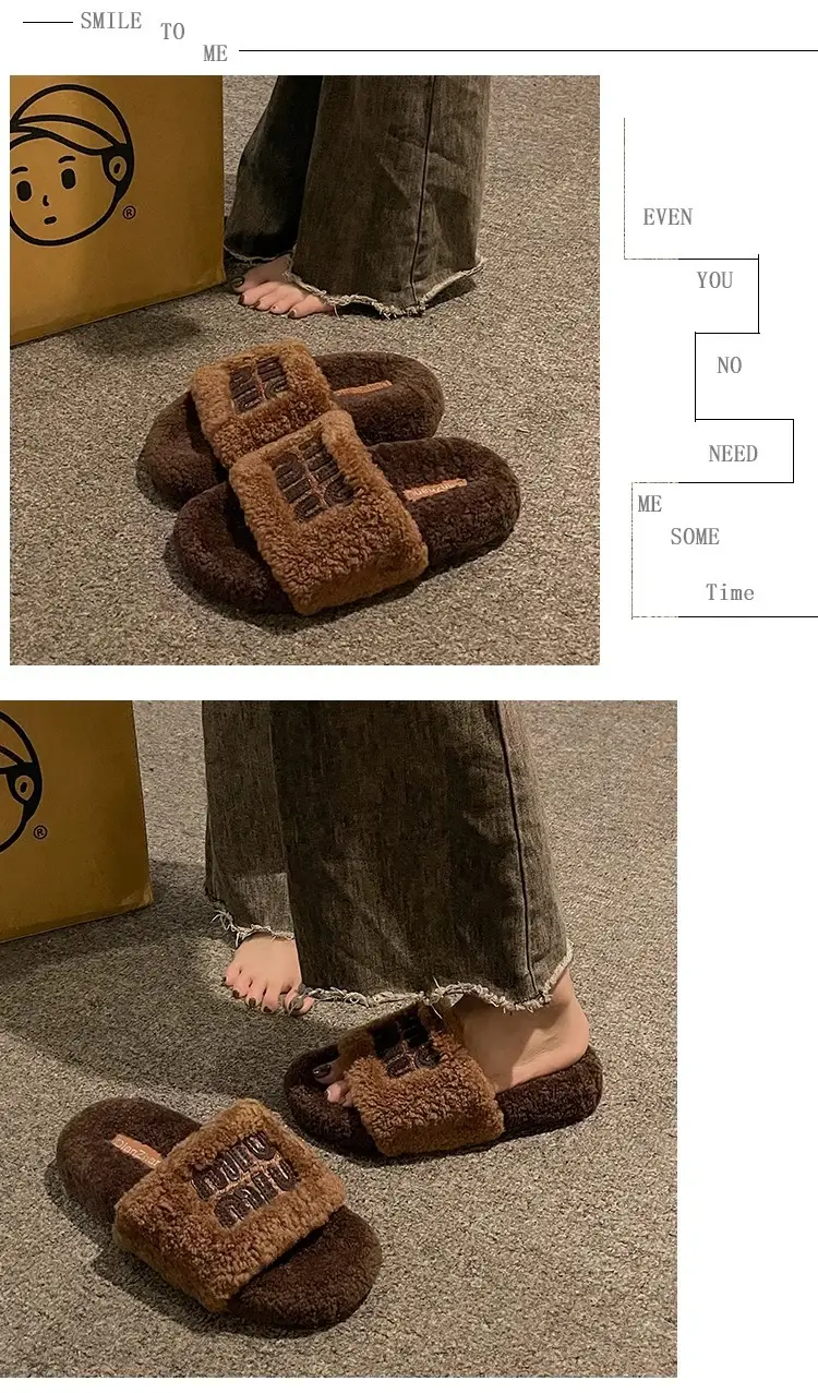 Thick-Soled Lamb Wool Slippers for Women, Suitable for Outdoor Wear, 2025 Autumn and Winter New Style, m Letter Suede Slip-On Slippers, Home Wear Cotton Slippers — feature 9