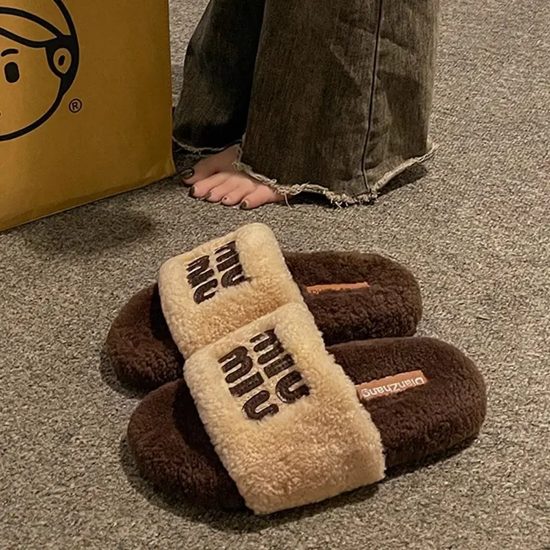 Thick-Soled Lamb Wool Slippers for Women, Suitable for Outdoor Wear, 2025 Autumn and Winter New Style, m Letter Suede Slip-On Slippers, Home Wear Cotton Slippers - Image 2