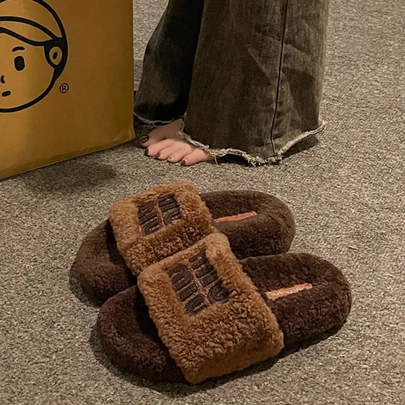 Thick-Soled Lamb Wool Slippers for Women, Suitable for Outdoor Wear, 2025 Autumn and Winter New Style, m Letter Suede Slip-On Slippers, Home Wear Cotton Slippers - Image 3