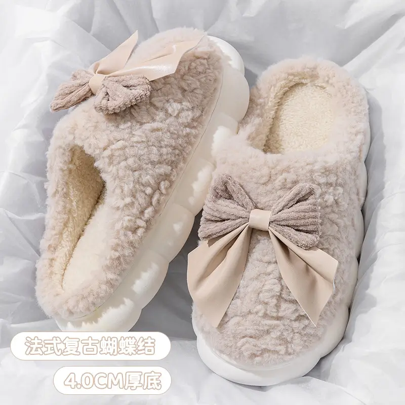 Bow cotton slippers women's autumn and winter indoor home non-slip thick-soled household plush warm moon shoes women's wholesale