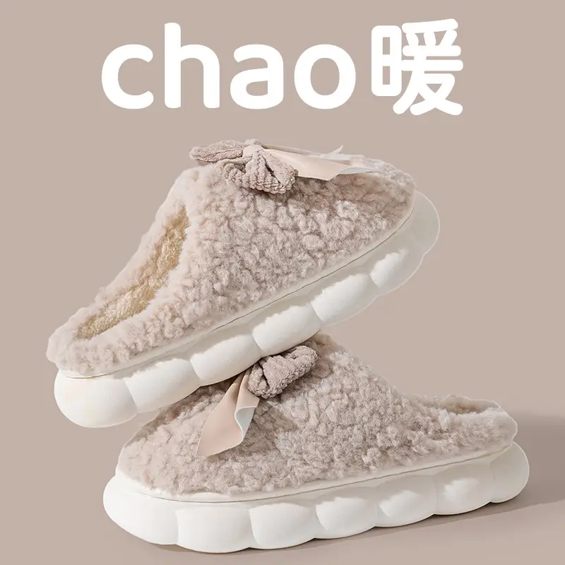 Bow cotton slippers women's autumn and winter indoor home non-slip thick-soled household plush warm moon shoes women's wholesale