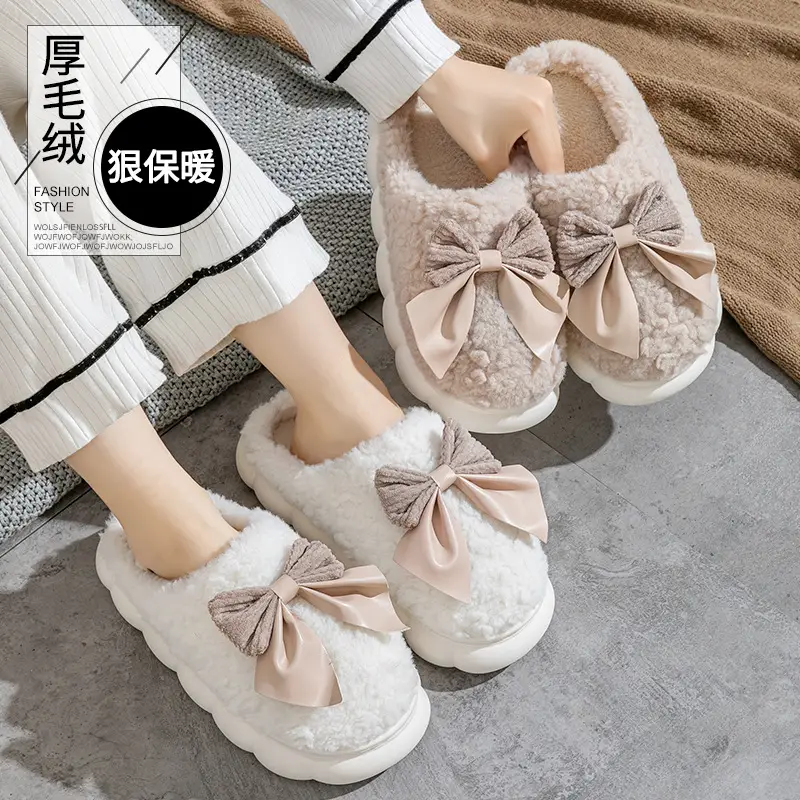 Bow cotton slippers women's autumn and winter indoor home non-slip thick-soled household plush warm moon shoes women's wholesale