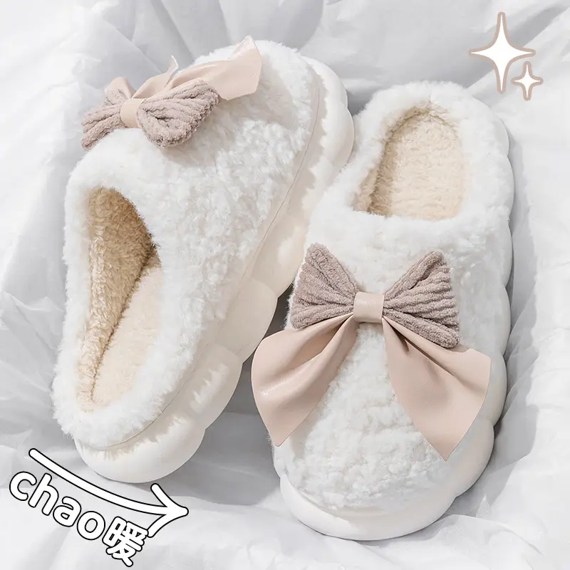 Bow cotton slippers women's autumn and winter indoor home non-slip thick-soled household plush warm moon shoes women's wholesale