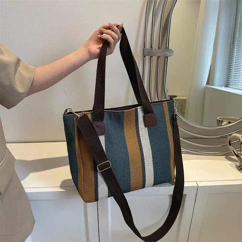 Women Striped Canvas Commuter Bag 2024 New - Image 8