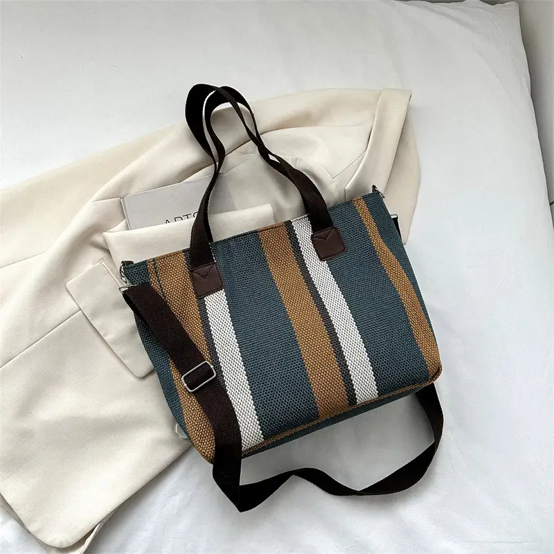 Women Striped Canvas Commuter Bag 2024 New - Image 13