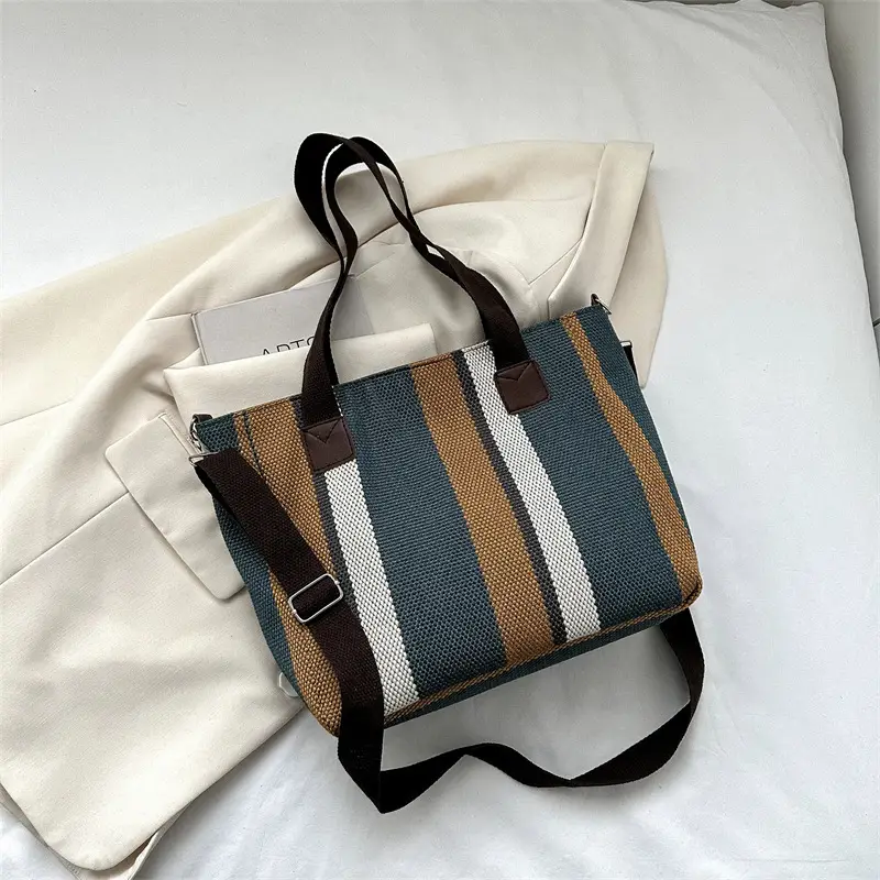 Women Striped Canvas Commuter Bag 2024 New - Image 4