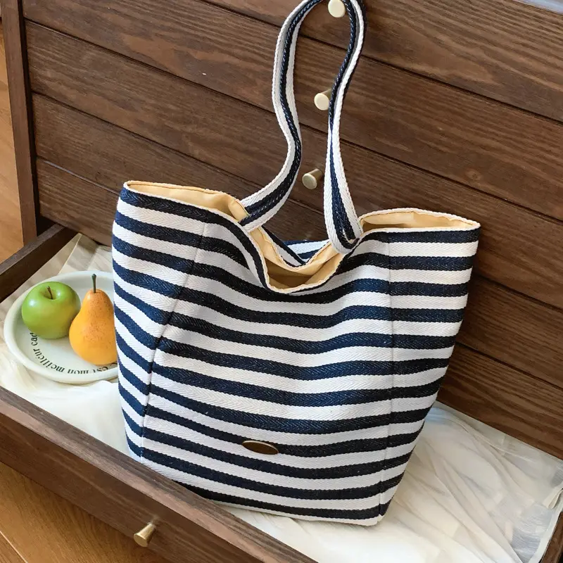 Striped Canvas Shoulder Bag 2024 New Korean Style - Image 4
