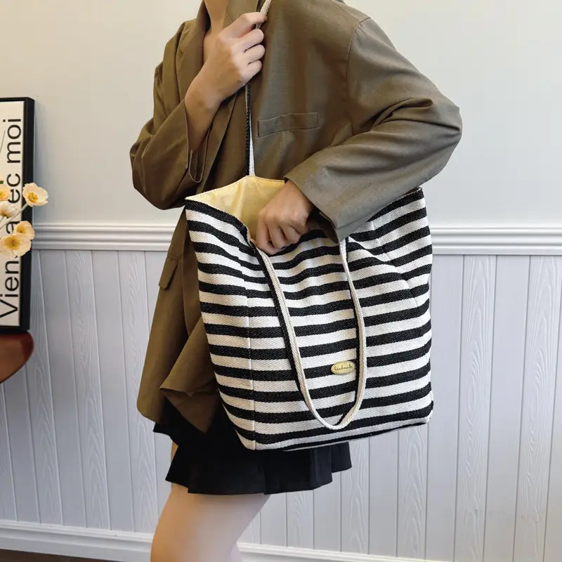 Striped Canvas Shoulder Bag 2024 New Korean Style - Image 5
