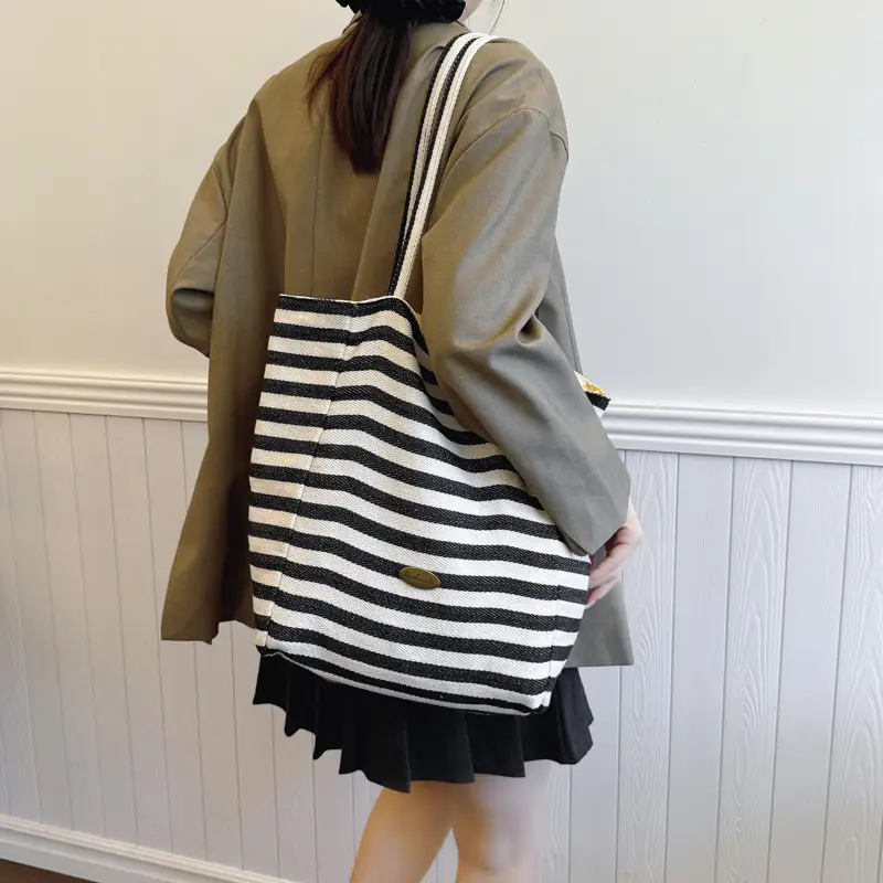 Striped Canvas Shoulder Bag 2024 New Korean Style - Image 6