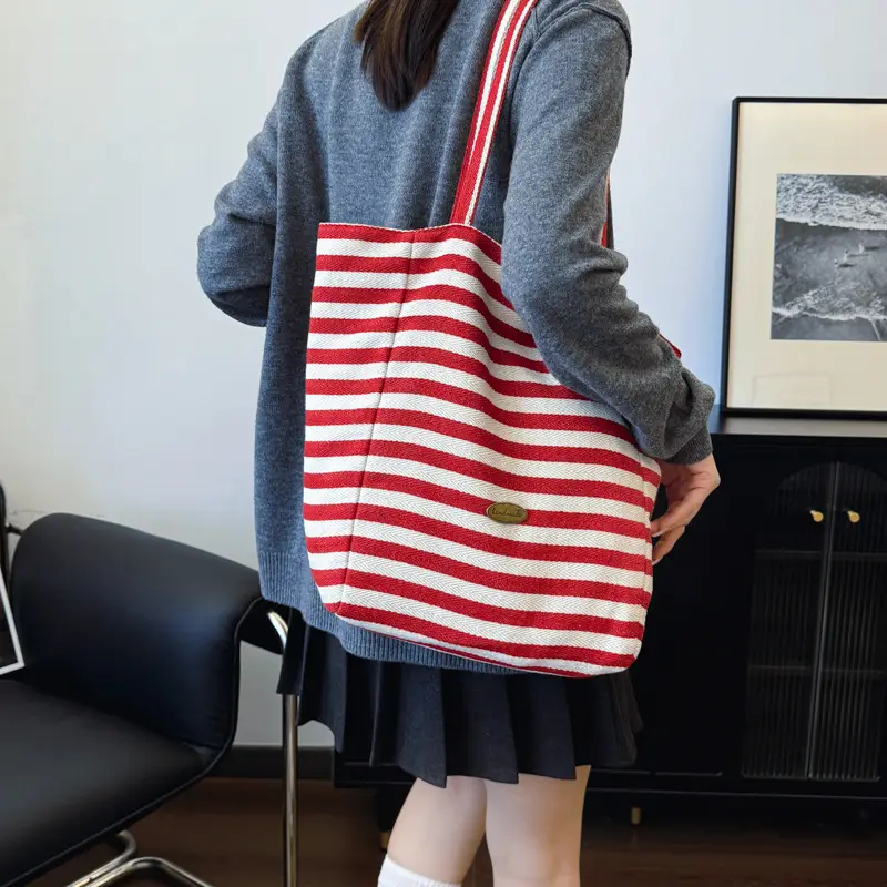 Striped Canvas Shoulder Bag 2024 New Korean Style - Image 7