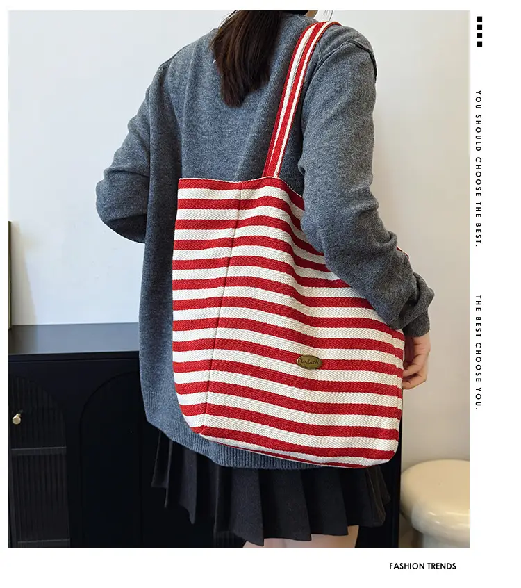 Striped Canvas Shoulder Bag 2024 New Korean Style — feature 1