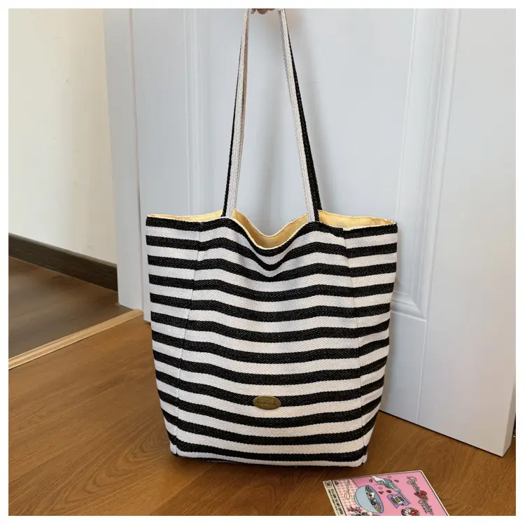 Striped Canvas Shoulder Bag 2024 New Korean Style - Image 3