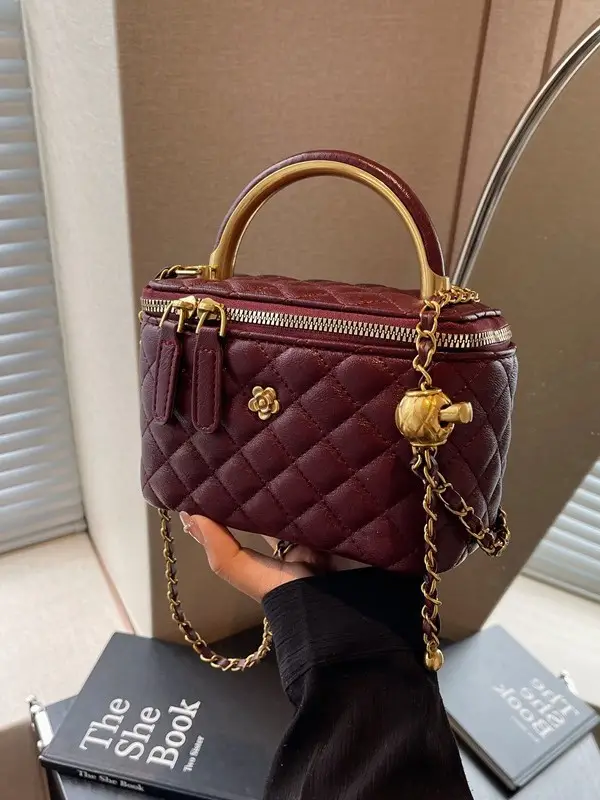 Quilted Chain Handbag Maroon Women Shoulder Bag - Image 7