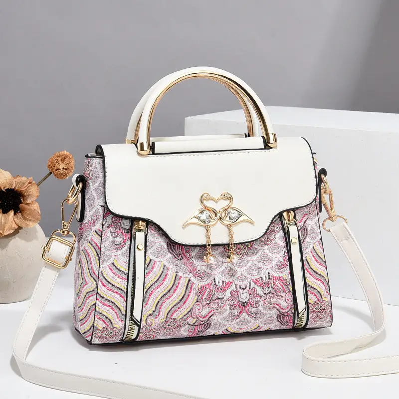 Luxury Black Floral Women's Shoulder Bag with Gold Clasp - Image 2