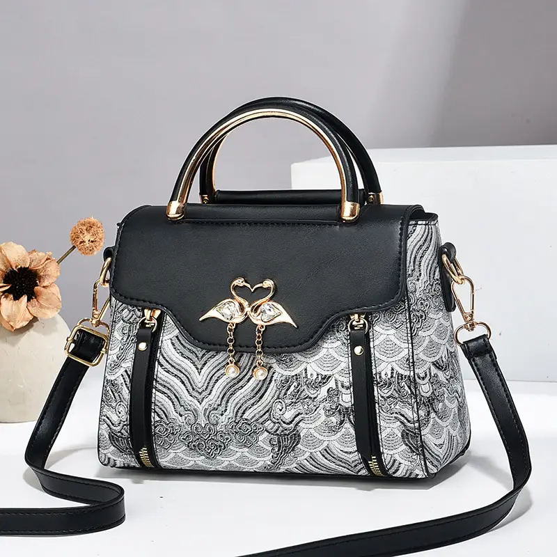 Luxury Black Floral Women's Shoulder Bag with Gold Clasp - Image 8