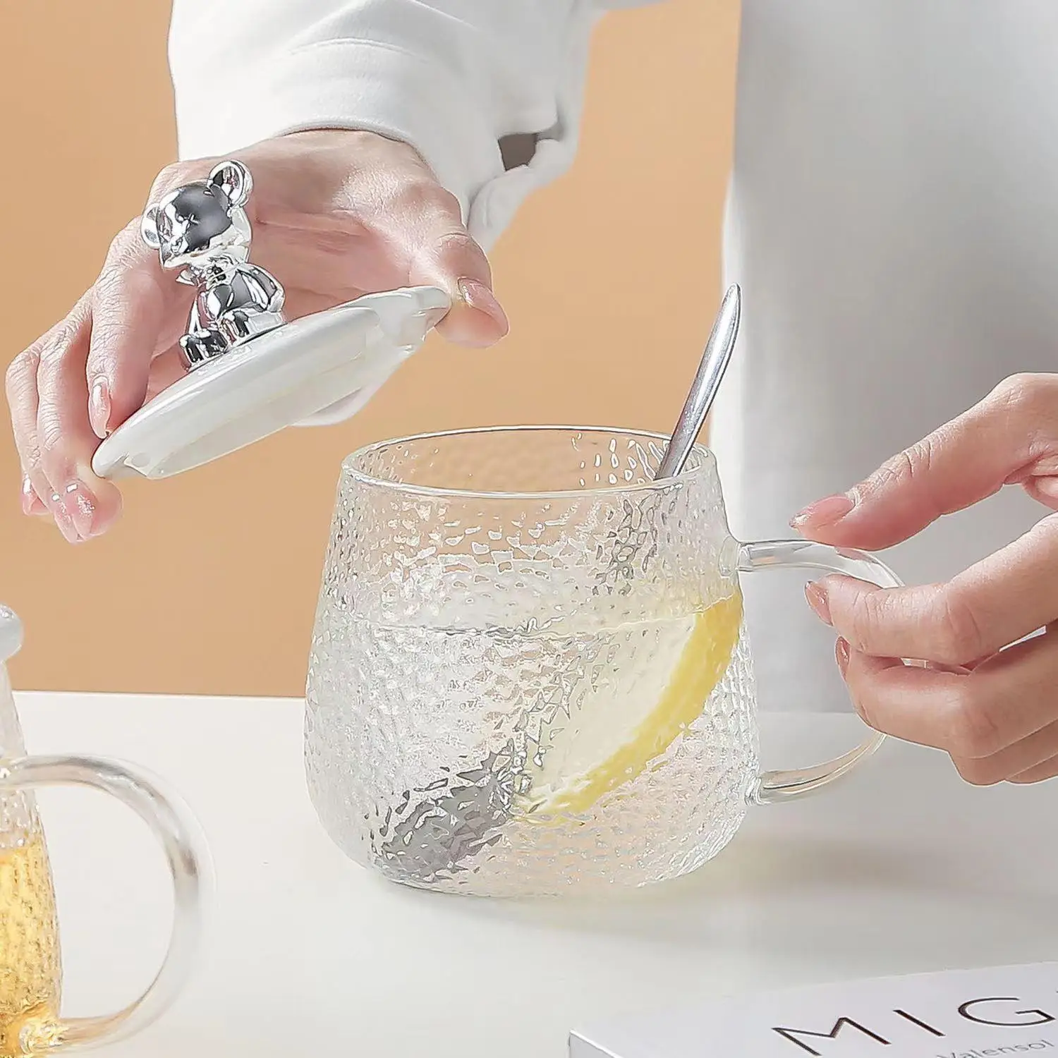 Glass Water Cup with Hammer Bear Top — feature 2