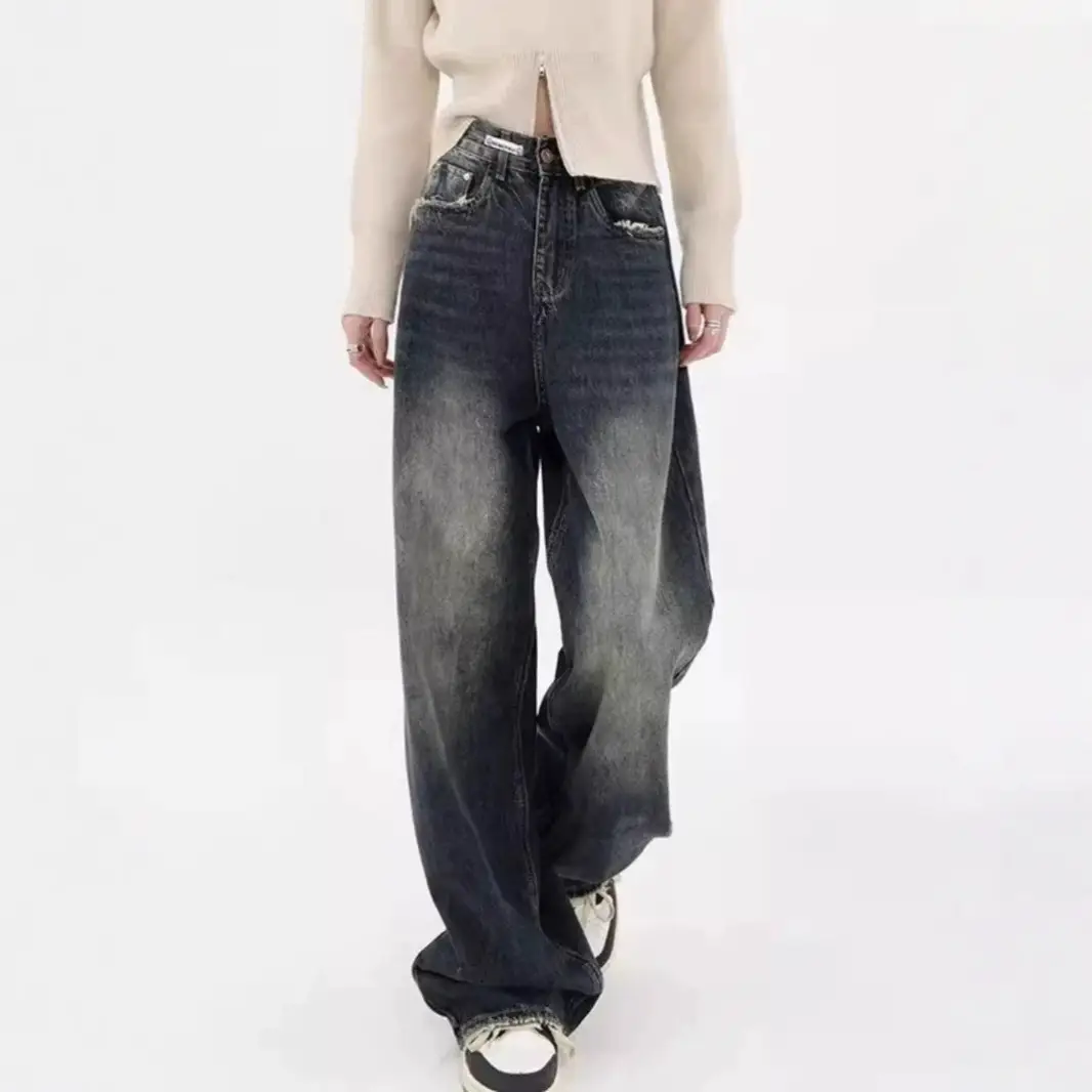 American Style Dark Blue Wide Leg Fleece Jeans Women 2024