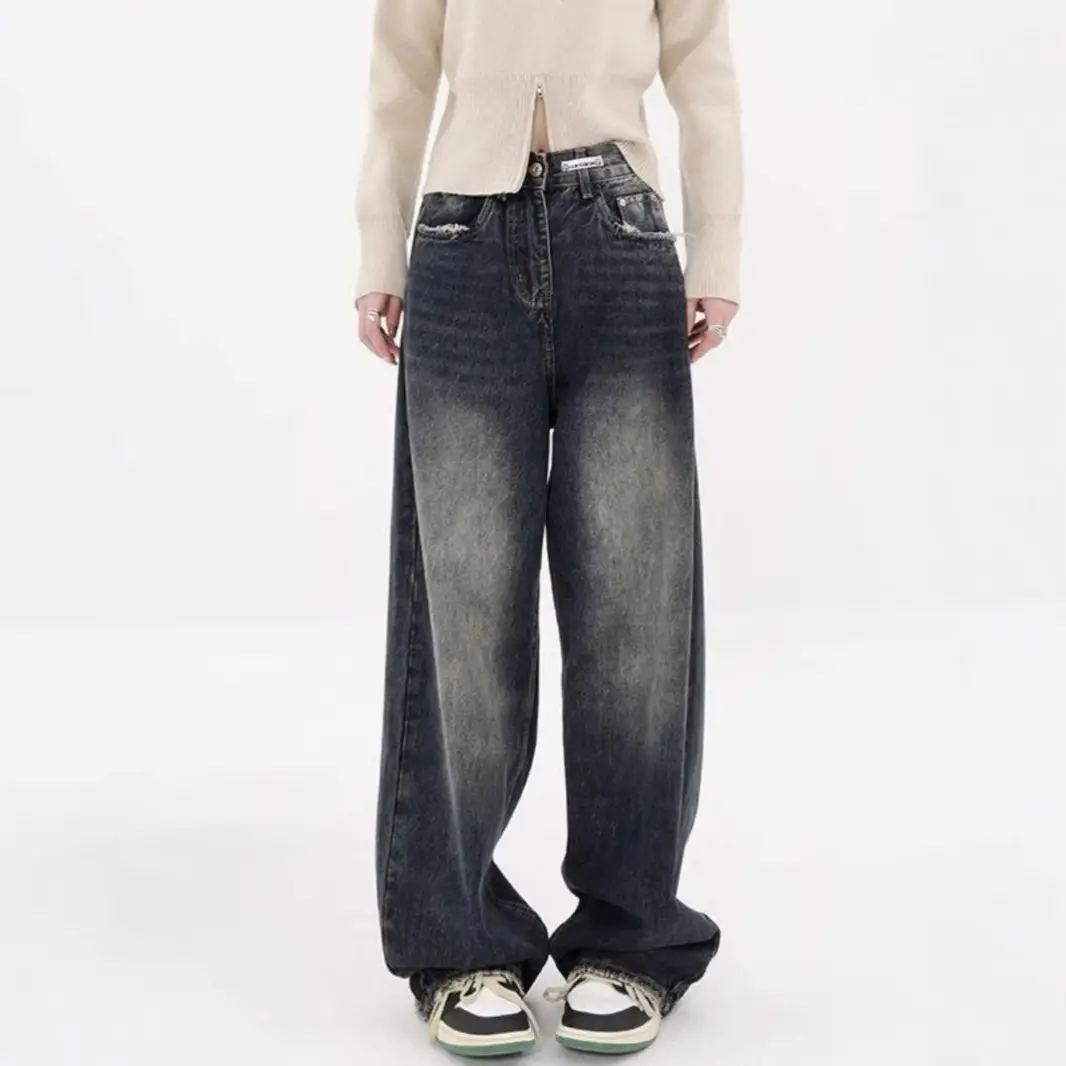 American Style Dark Blue Wide Leg Fleece Jeans Women 2024
