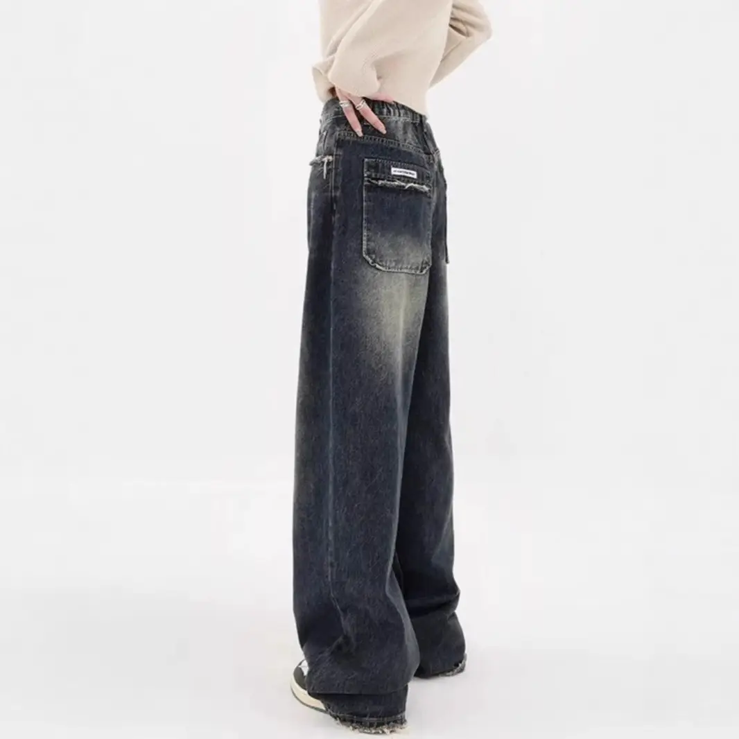 American Style Dark Blue Wide Leg Fleece Jeans Women 2024