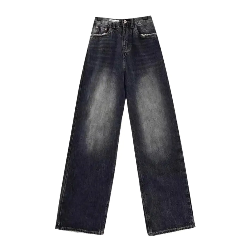 American Style Dark Blue Wide Leg Fleece Jeans Women 2024