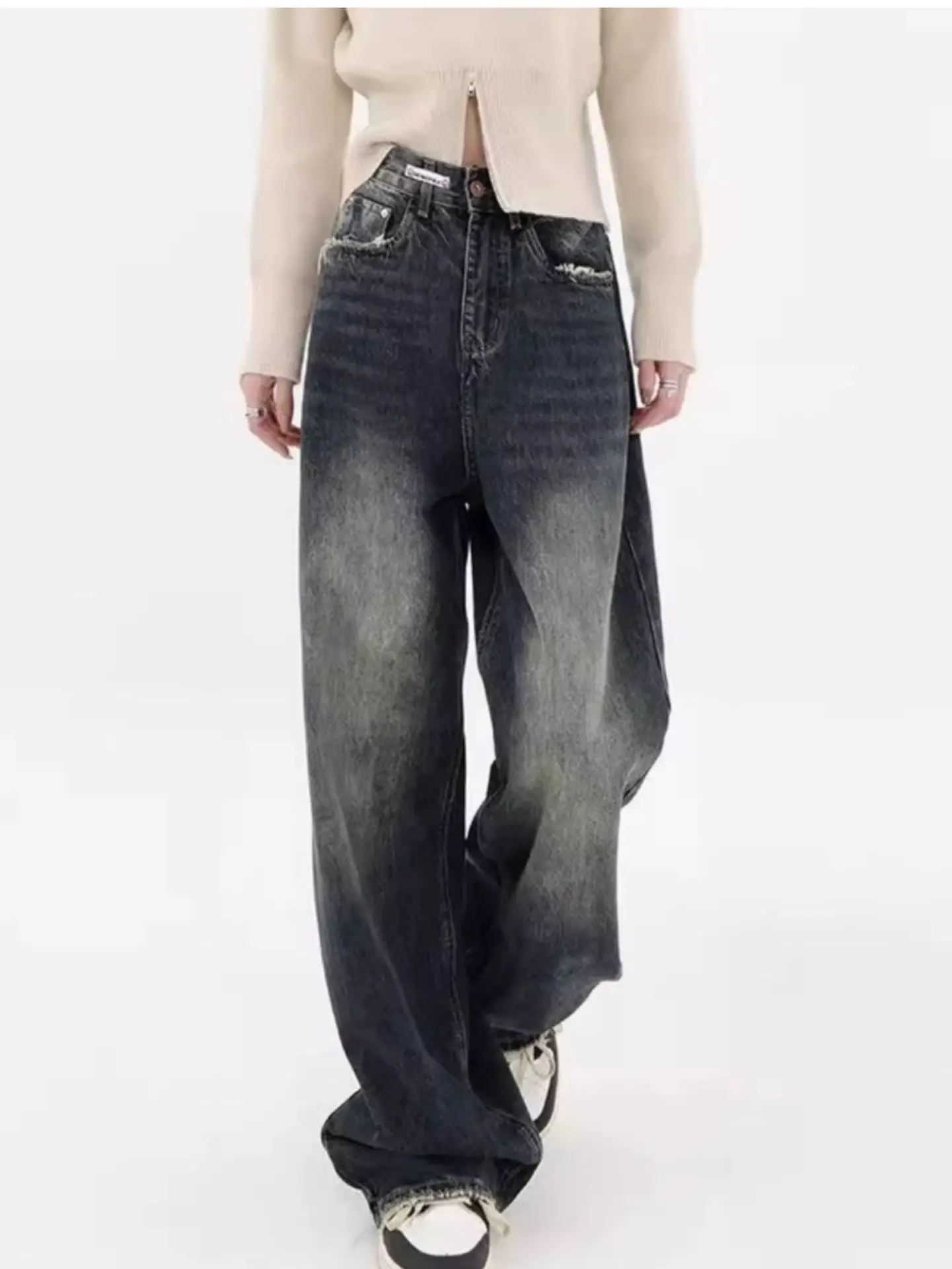 American Style Dark Blue Wide Leg Fleece Jeans Women 2024 — feature 5