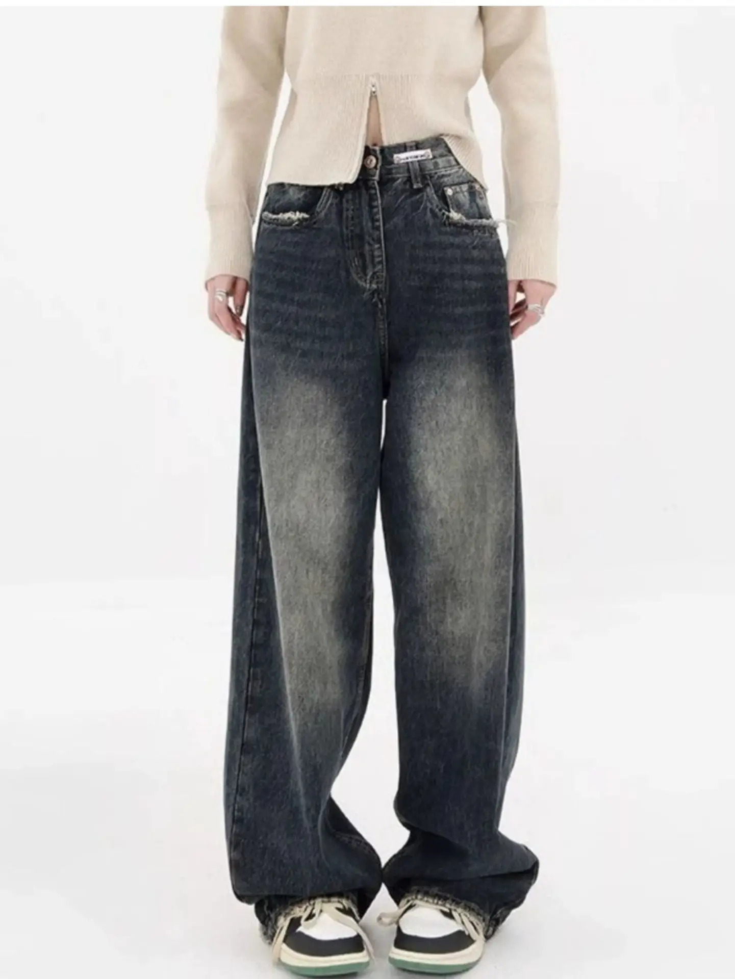 American Style Dark Blue Wide Leg Fleece Jeans Women 2024 — feature 6