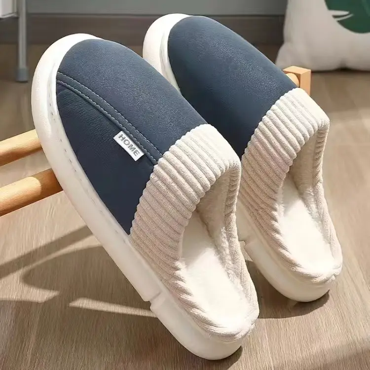 Waterproof PU cotton slippers men's 2024 new indoor home non-slip deodorant wear-resistant autumn and winter plus size cotton slippers women - Image 3