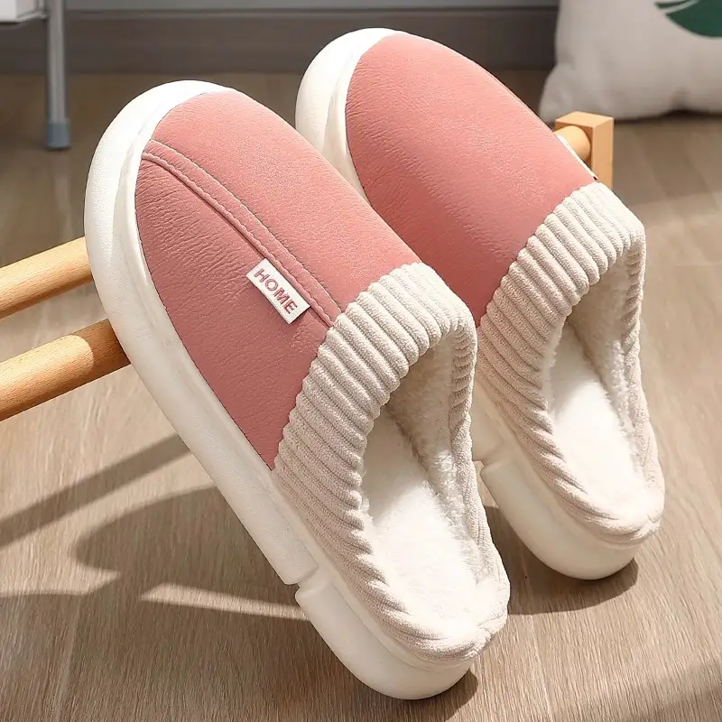 Waterproof PU cotton slippers men's 2024 new indoor home non-slip deodorant wear-resistant autumn and winter plus size cotton slippers women - Image 5