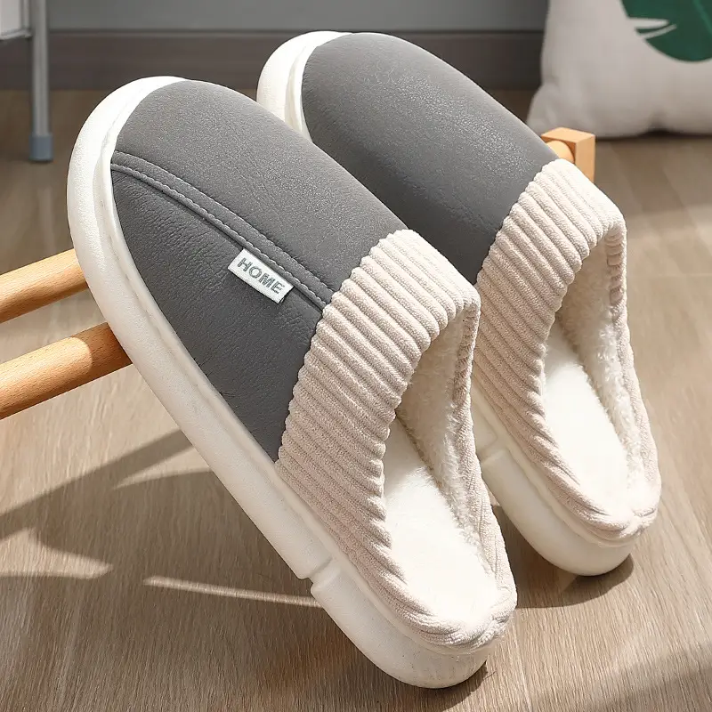 Waterproof PU cotton slippers men's 2024 new indoor home non-slip deodorant wear-resistant autumn and winter plus size cotton slippers women - Image 6