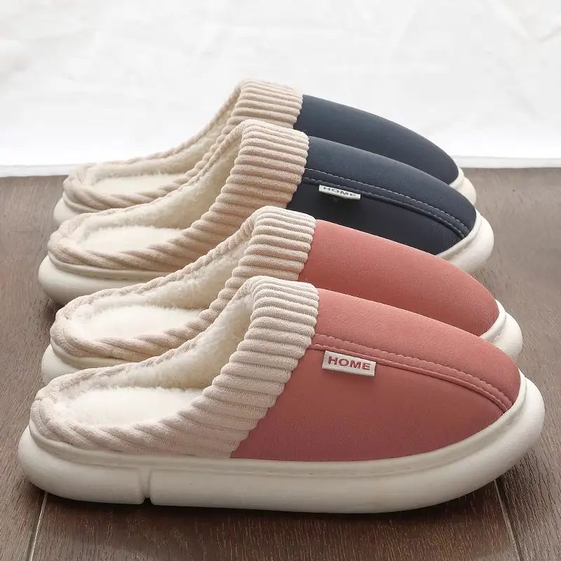 Waterproof PU cotton slippers men's 2024 new indoor home non-slip deodorant wear-resistant autumn and winter plus size cotton slippers women - Image 7