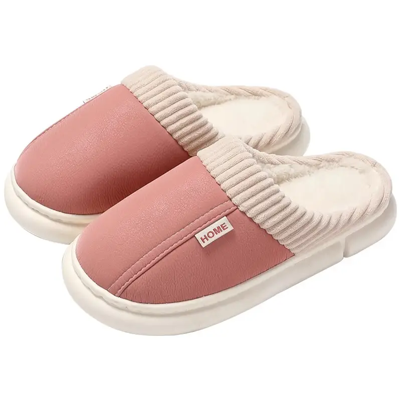Waterproof PU cotton slippers men's 2024 new indoor home non-slip deodorant wear-resistant autumn and winter plus size cotton slippers women - Image 8