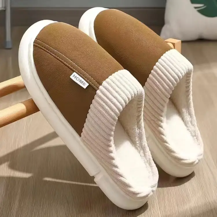 Waterproof PU cotton slippers men's 2024 new indoor home non-slip deodorant wear-resistant autumn and winter plus size cotton slippers women - Image 2