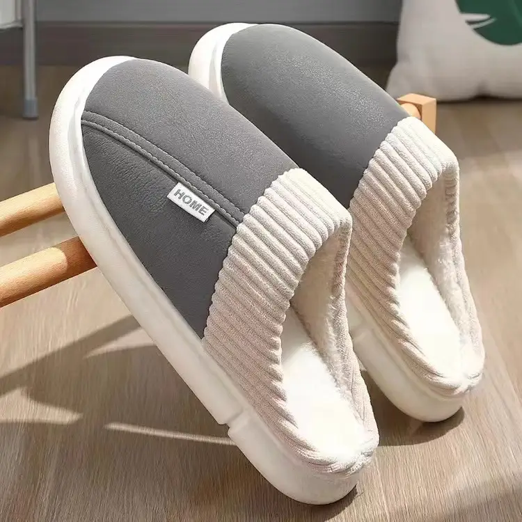 Waterproof PU cotton slippers men's 2024 new indoor home non-slip deodorant wear-resistant autumn and winter plus size cotton slippers women - Image 4