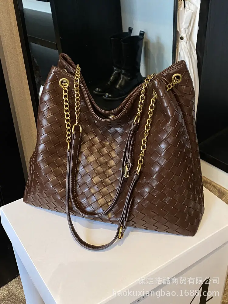 Women Woven Tote Bag Brown Large Capacity Shoulder Bag